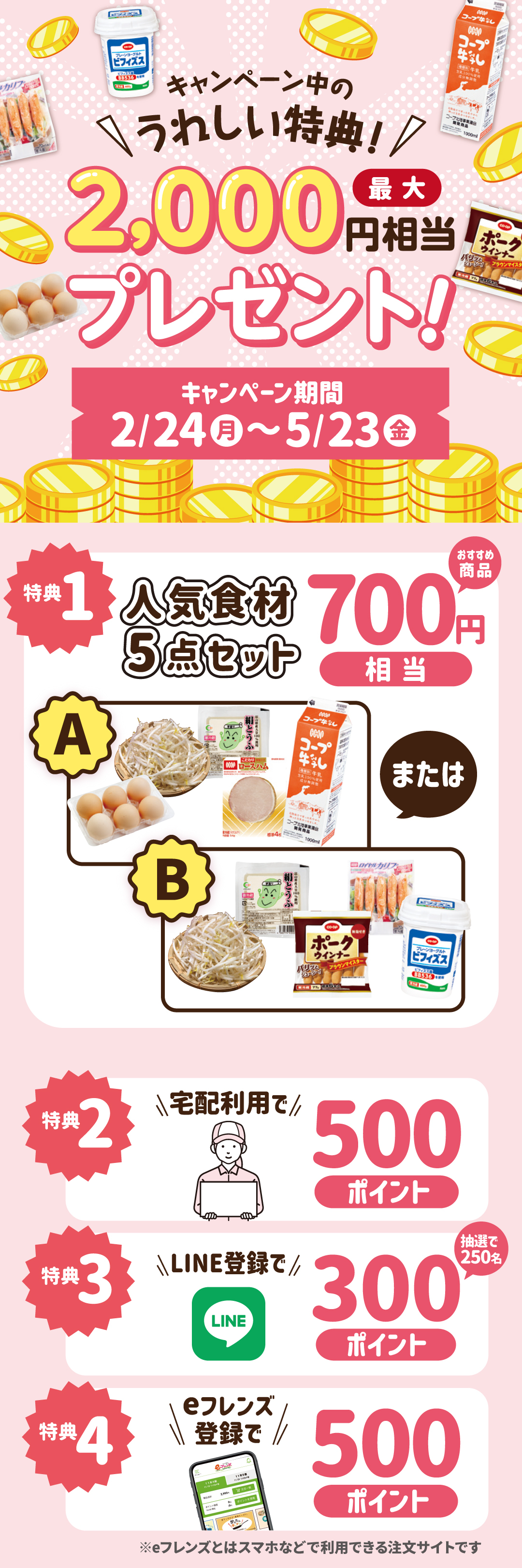 最大2000円相当プレゼント! 特典1 人気食材5点セット700円相当。特典2 宅配利用で500ポイント。特典3 eフレンズ登録で500ポイント